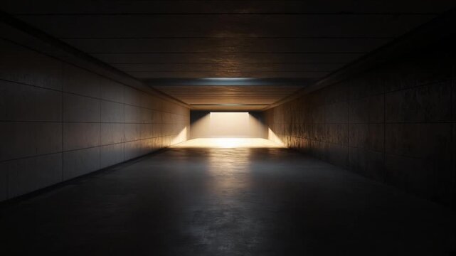 Cinematic Minimal Concrete Tunnel Corridor Passage Timelapse Background with Warm Light, Reflective Floor, Strong Perspective, Mysterious Atmosphere, and Quiet Daylight Depth