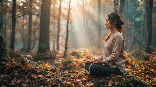 Woman meditating in forest during World Day of Sobriety  