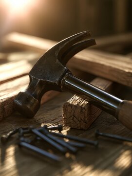 Hammer and nails on a wooden workshop table