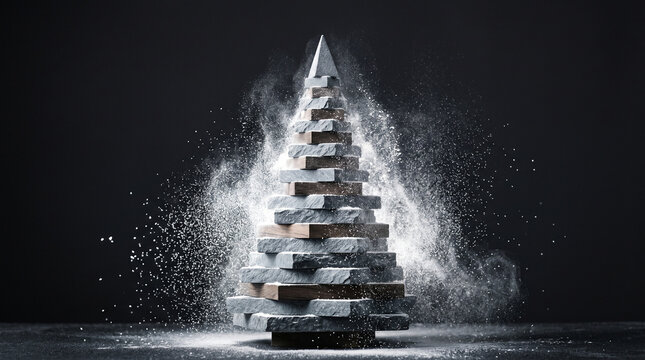 Minimalist christmas tree made of stacked slate stone and wood blocks with falling snow, creative holiday decoration on a dark background