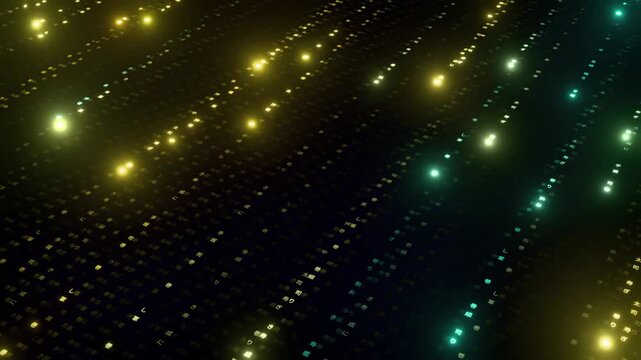 Grids of symbols and Japanese characters move diagonally, illuminated by glowing neon lights in elegant shades of yellow and mint-turquoise green.