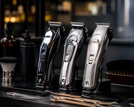 Professional Electric Hair Clippers Arranged on Dark Barber Counter with Grooming Tools and Soft Bokeh
