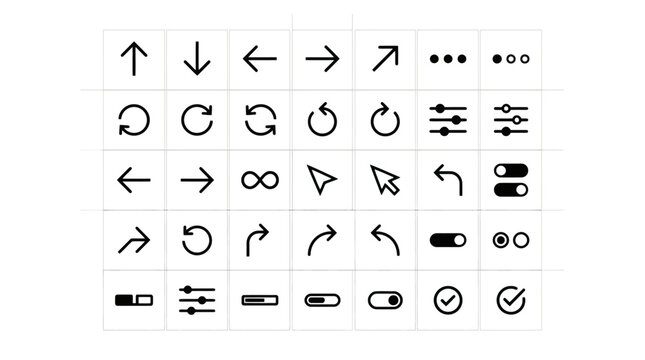 Minimalist set of black user interface icons featuring navigation arrows and toggle switches for professional graphic design and user interface design projects