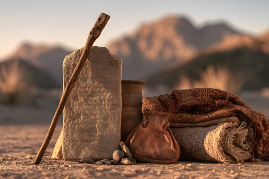 Ancient biblical artifacts including a wooden staff, stone tablet, clay jar, and woven textiles in a desert landscape