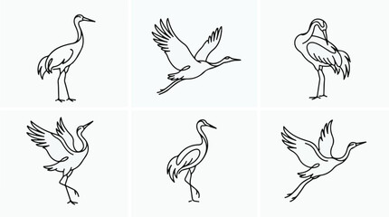 Naklejka premium A set of six crane bird in various poses line art vector icon illustration on a white background 