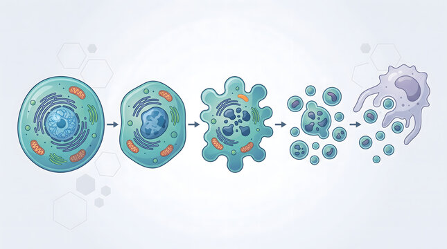 Apoptosis illustrates the programmed cell death process where the cellular structure breaks down into small vesicles.