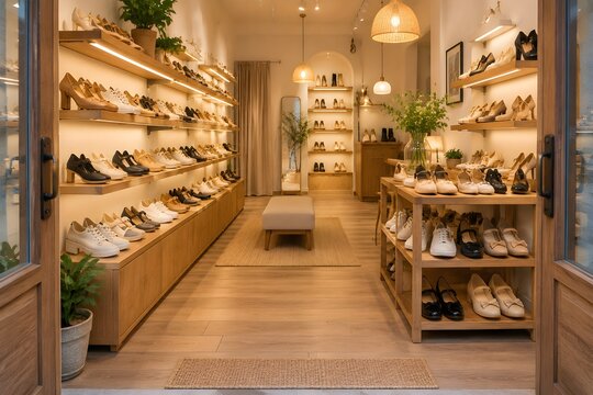 Cozy Boutique Shoe Shop Uses Wooden Shelving Soft Pendant Lights and Neatly Organized Footwear Displays