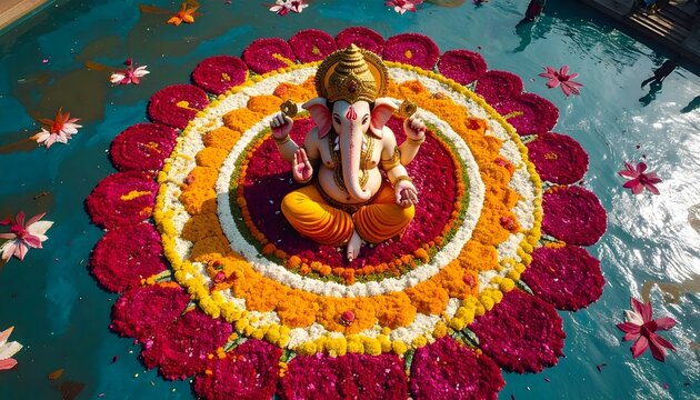 Lord Ganesha Idol on Flower Mandala Floating in Water