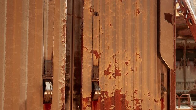 An old metal wall in an urban area shows signs of rust and peeling paint. Parts of the wall are damaged. This image captures the texture and colors of aging metal.