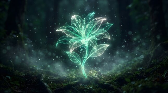 Magical glowing green flower glowing with ethereal light in a dark enchanted forest glowing plant fantasy flora mystical plant shining blossom magic nature