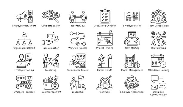 Employee Management Lifecycle Thin Line Icons for Recruitment Onboarding Training Performance Career and Teamwork Vector Collection