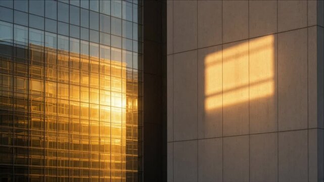 Cinematic Minimal Timelapse Background Featuring Golden Sunlight Reflection Across Glass Facade, Warm Geometric Shadow, Modern Concrete Wall, Abstract Urban Architectural Scene