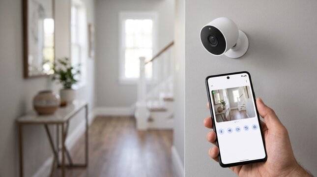 Smart home security camera mounted on wall with mobile phone surveillance app live feed view