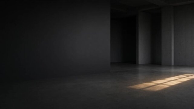 Cinematic Minimal Timelapse Background of Dark Empty Interior Architecture Room with Warm Window Light, Geometric Shadows Across Polished Concrete Floor, Quiet Atmospheric Design Scene