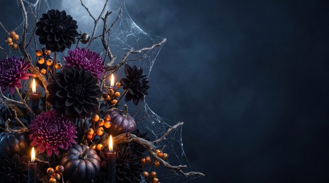 Gothic Halloween still life composition featuring dark flowers, pumpkins, and spiderwebs. Ideal for seasonal web banners, event invitations, party flyers, and spooky social media marketing campaigns.