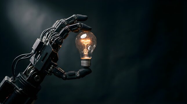 Robotic hand holding a glowing light bulb representing innovation concept