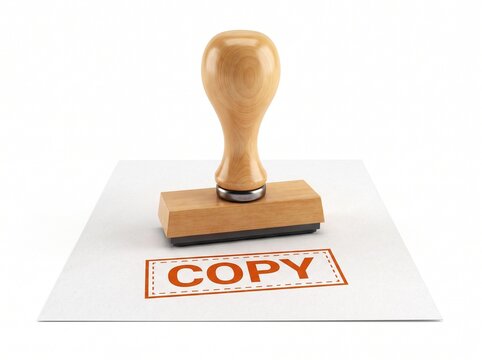 A wooden rubber stamp with the word copy printed in orange ink on a piece of paper for office document work