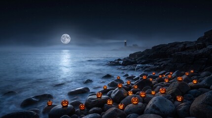Obraz premium Spooky Halloween coastal landscape featuring glowing jack-o-lanterns on rocky beach at night. Ideal for seasonal web banners, event promotions, holiday marketing, and mysterious background designs.