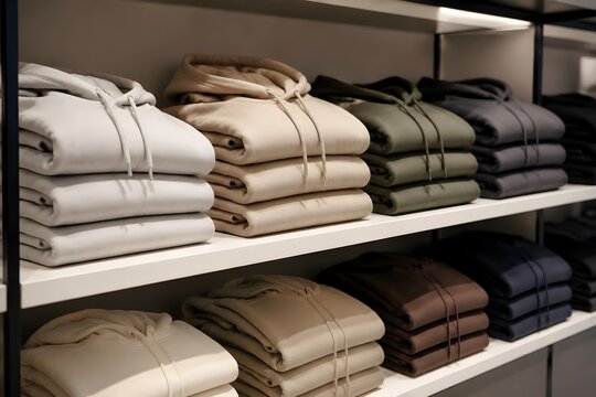 Neutral Cotton Hoodies Create an Organized Modern Retail Display with Soft Lighting and Cozy Appeal