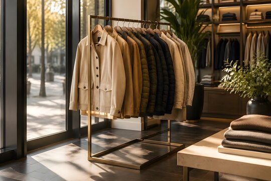 Seasonal Jackets on Freestanding Rack Near Boutique Window with Warm Afternoon Sunlight and Elegant Merchandising