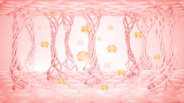 Mature Collagen under skin cells with gold molecule bubble, Cosmetic skincare background, 3D rendering