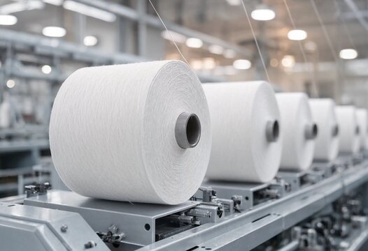 Close-up of a white cotton thread spool on industrial spinning machinery inside a modern textile factory, featuring detailed fibers, clean composition, and soft bokeh.