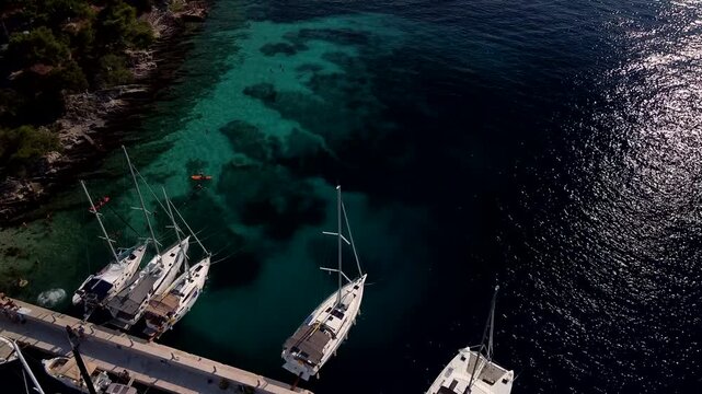 Maslinica, Croatia marina pier with sailboats over clear deep turquoise blue Adriatic water, aerial