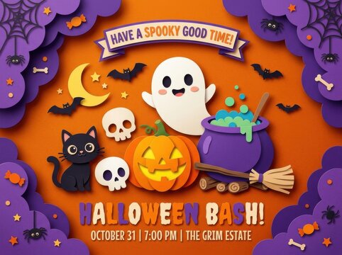 Halloween bash invitation with paper cut ghost, pumpkin, skulls, cat, cauldron, and bats on orange background