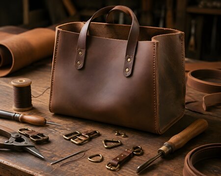 Partially Assembled Leather Bag Rests Among Stitching Tools and Hardware in an Artisan Workshop Photography