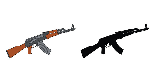 Assault rifle illustration and silhouette against a white background