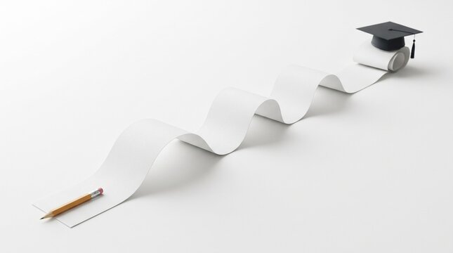 Minimalist graduation path concept, long paper scroll with mortarboard and pencil, academic journey and education career success