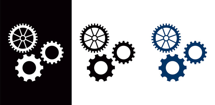Set of three connected gear wheels in black and blue with mechanism connected industrial hardware