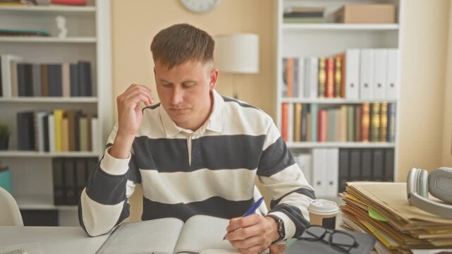 Young man taking notes with pen, hand on cheek, surrounded by books, shelves, folders, glasses and coffee on a study desk in a library; pensive focus.