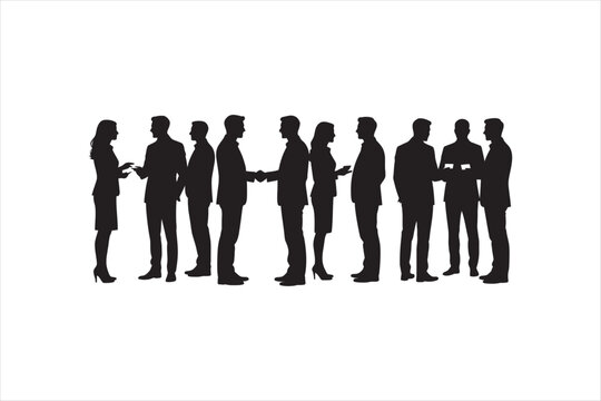 Silhouettes of business people meeting, shaking hands, and talking. Vector illustration for corporate networking and teamwork concept.