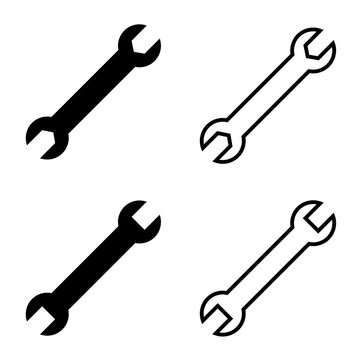 Black and white spanner wrench tool icons set isolated on a white background with equipment