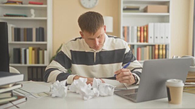 Man writing notes with pen at desk beside laptop and takeaway coffee, crumpled paper balls scattered, bookshelves and clock behind him in building; concentration frustration.