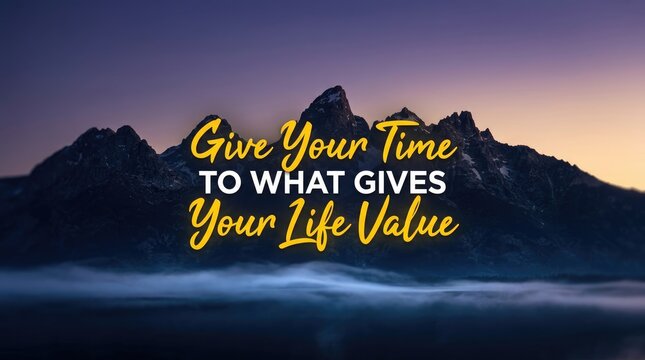 Inspiring motivational quote about valuing personal time displayed over a majestic sunset mountain range landscape scene