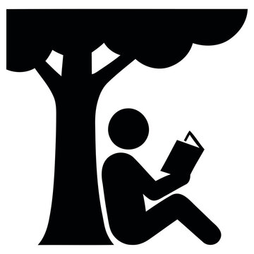 Minimalist vector illustration of a person sitting peacefully under a tree while holding an open book for reading in a calm outdoor environment