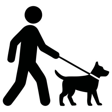 Simple black vector illustration depicting a person walking a dog on a leash, representing pet ownership, exercise, and animal care graphic design.