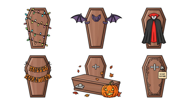 Set of cute cartoon Halloween coffins with various spooky decorations and themes.