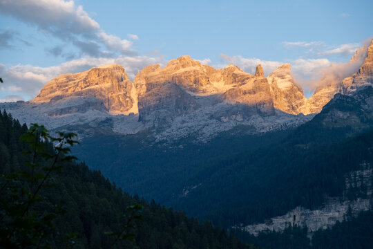Alpenglow On Brenta Dolomites Above Vallesinella. Madonna di Campiglio, Trentino-Alto Adige. Italy