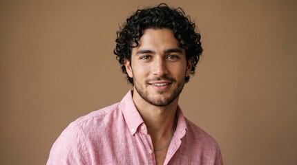 Obraz premium Portrait of a handsome young man with curly hair and a beard, wearing a pink shirt, smiling warmly at the camera against a neutral brown studio background