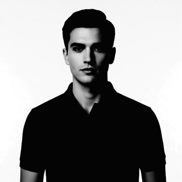 Young man with short hair looking forward in neutral expression illustration