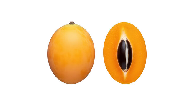Fresh marian plum maprang fruit shown whole and cut in half with dark seed.