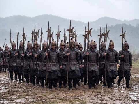 Ancient Army Marching Through Muddy Terrain in Rain