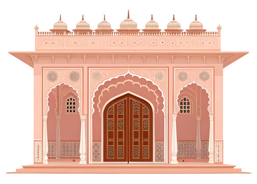 Jaipur pink sandstone palace doorway with elegant arches, modern vector illustration
