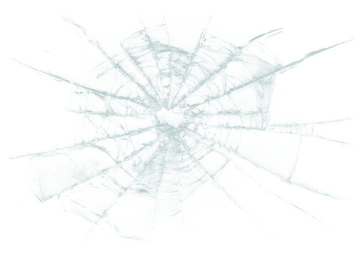 Isolated broken glass texture with cracks radiating from a central impact point transparent background