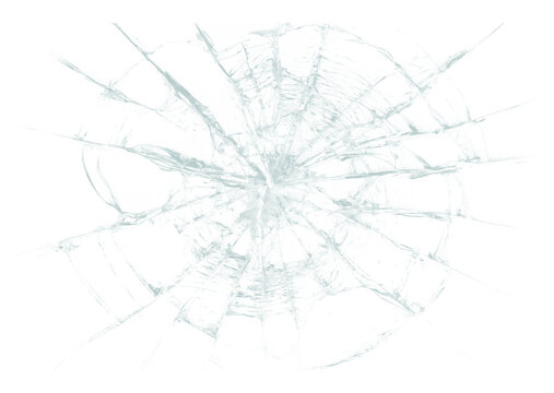 Isolated crack pattern on transparent glass surface with sharp radial fractures transparent background