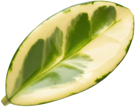 Single variegated rubber plant leaf with green and cream pattern.