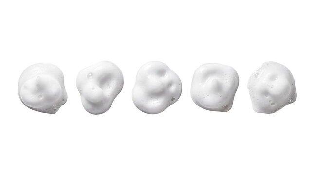 Realistic photograph of five white foamy soap bubbles, perfect for cosmetic, hygiene, and cleaning product advertising.